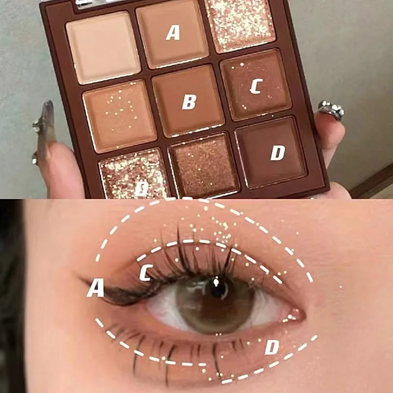 9 Colors Glitter Eyeshadow Palette Chocolate Brown Shimmer Matte Acrylic Eye Shadows Palette Waterproof Korean Makeup Cosmetics