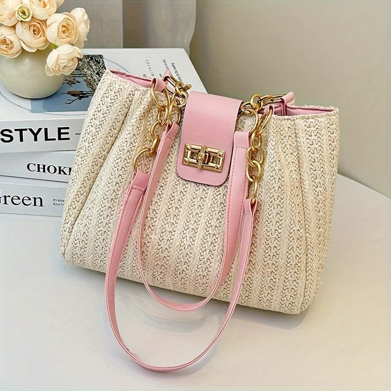 Grass Woven Patchwork Leather Korean Version Shoulder Bag Fashionable Women's Woven Handbag Suitable for Beach Parties Occasion