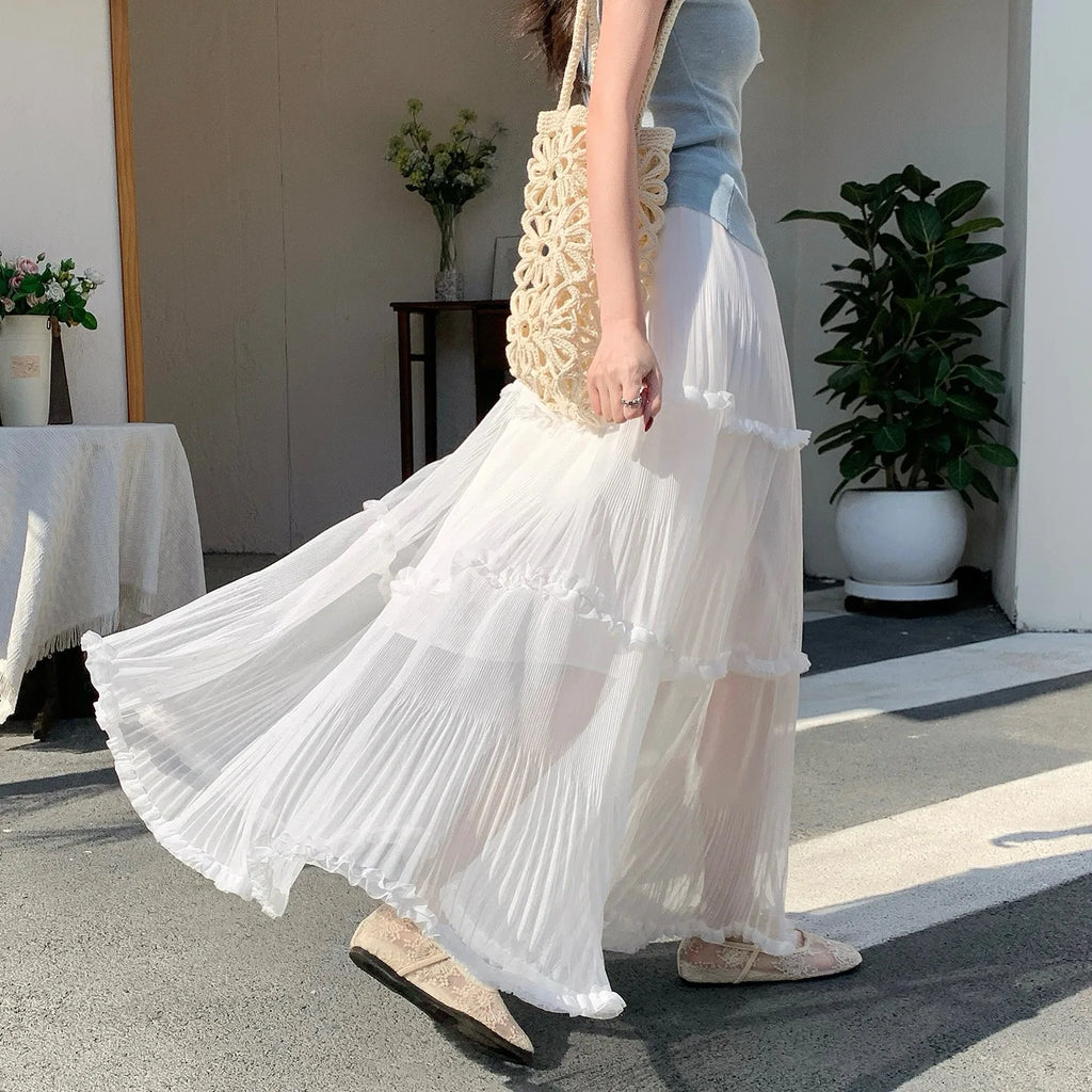 Sweet Pleated Half Skirt Korean Style Holiday Photo Long Atmosphere Spring Summer Cotton Blend Polyester Fiber Midi Skirt