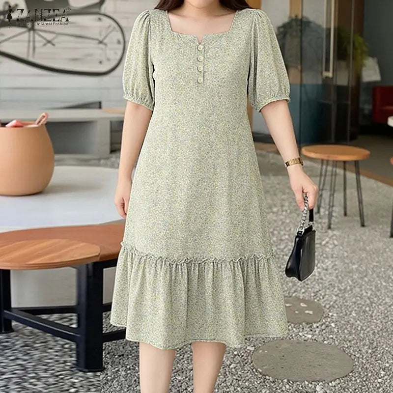 ZANZEA Women's Floral Printed Midi Dress Square Neck Half Puff Sleeve A-Line Dresses Summer Pullover Ruffled Hem Robes Femme