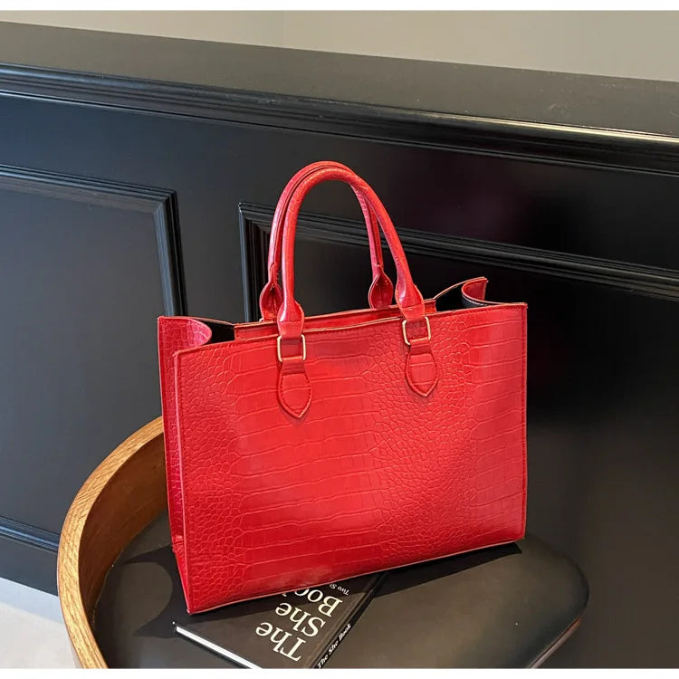 Spring 2025 Large Capacity Fashionable Handbag Casual Commuting Trendy Crocodile Pattern Tote Bag Street Style PU Material