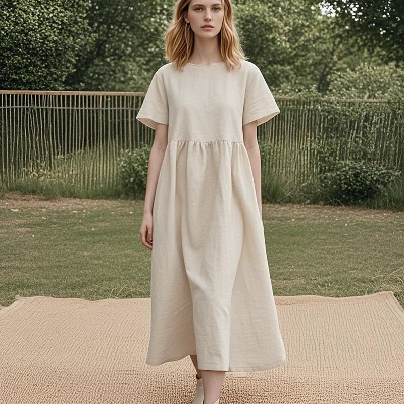 Women Cotton Linen Midi Dresses Summer Chic Female Vestidos Loose A-Line Dress Short Puffy Sleeve Casual Sundress