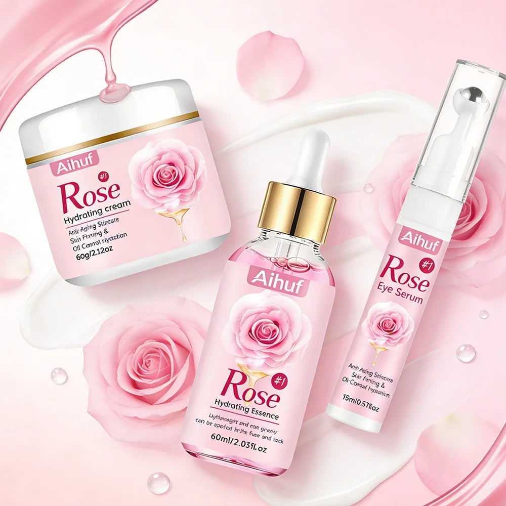 AIHUF Anti-Aging Facial Skincare Set with Rose Day Night Cream And Eye Cream for Dark Circles Puffiness Moisturizing And Firming