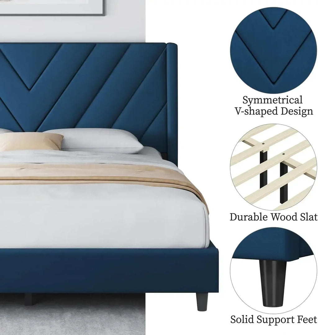 Queen Bed Frame Upholstered Platform Bed with Wing Side/Wooden Slat Support/Tufted Headboard with Wing Side/Mattress Foundation
