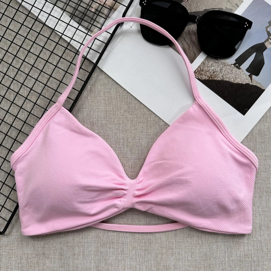 Seamless Sexy Open Back Gym Yoga Crop Top Women Halter Sports Bra Push Up Strappy Padded Workout Tank Tops
