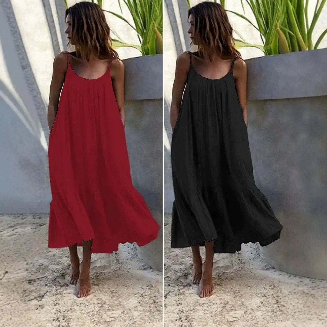 Lotus Leaf  Length Skirt Slim Shoulder High Waist Cotton Casual Style Women's Dress Fashionable Backless U-Neck Gown