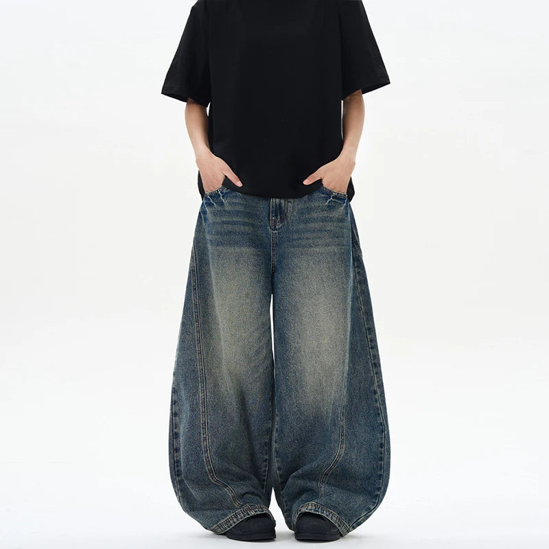 Mens Patchwork Denim Jeans Oversized Wide Leg Pants Vintage Cracked Lightning Denim Streetwear For Men
