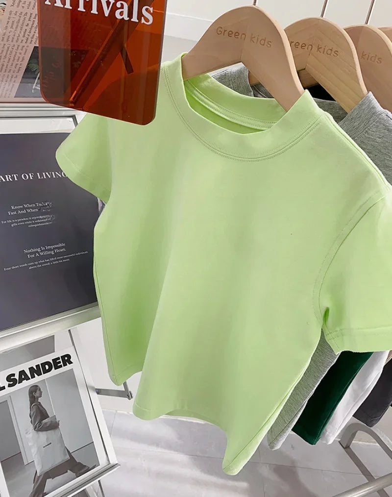 Kids Solid Color Cotton T-Shirt 2026 Spring Summer New Boys Girls Round Neck Short Sleeve Basic Tops Children Casual Tees