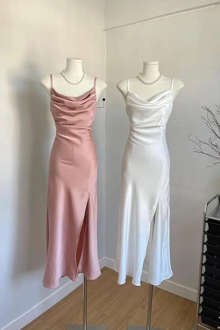 Women's Sexy Swinging Collar Satin Strap Long Dress Lady Summer Solid Color Slim Pleated Wasit Split Party Dress