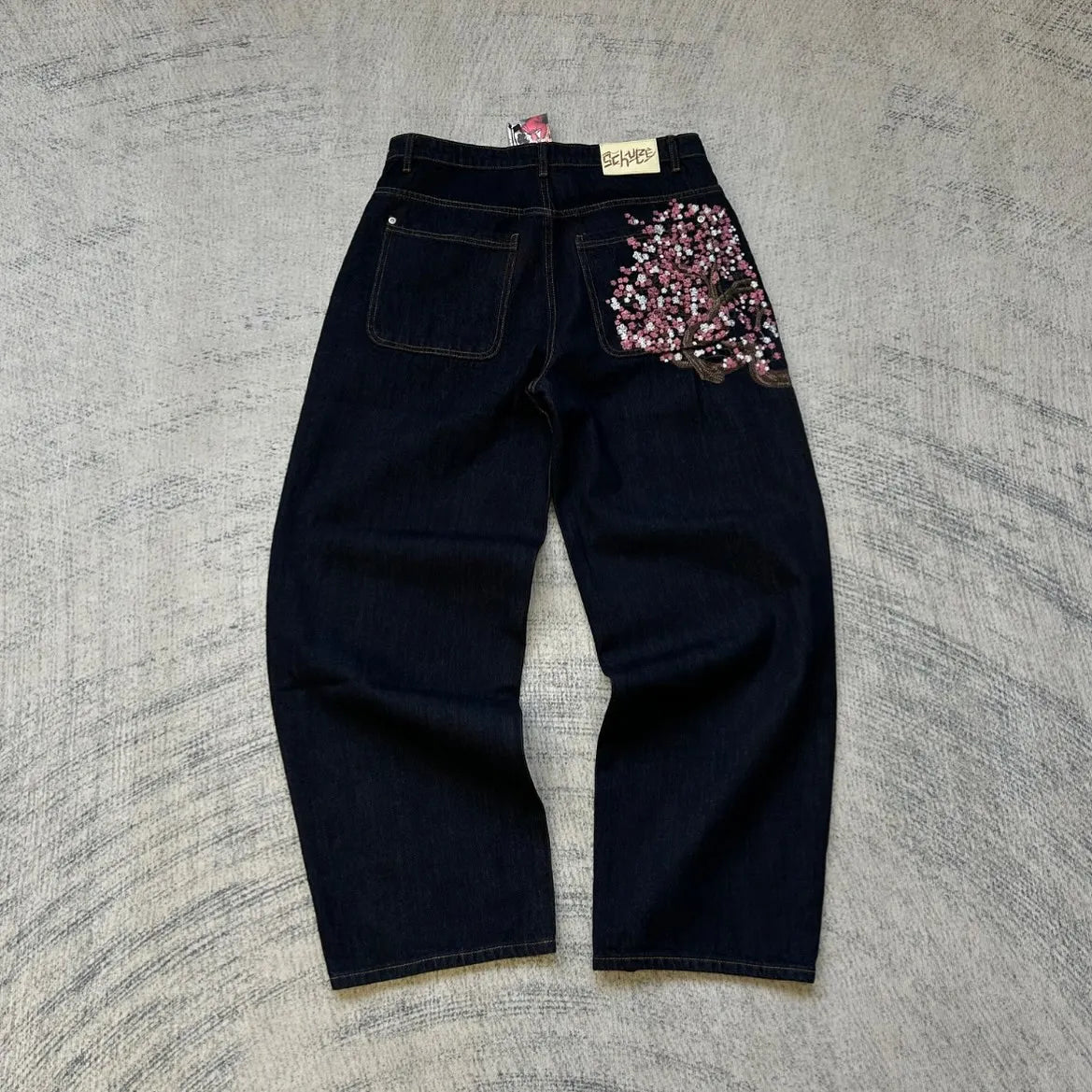 BiggOrange Cherry Blossom Embroidered Wide Leg Jeans - Baggy Y2K