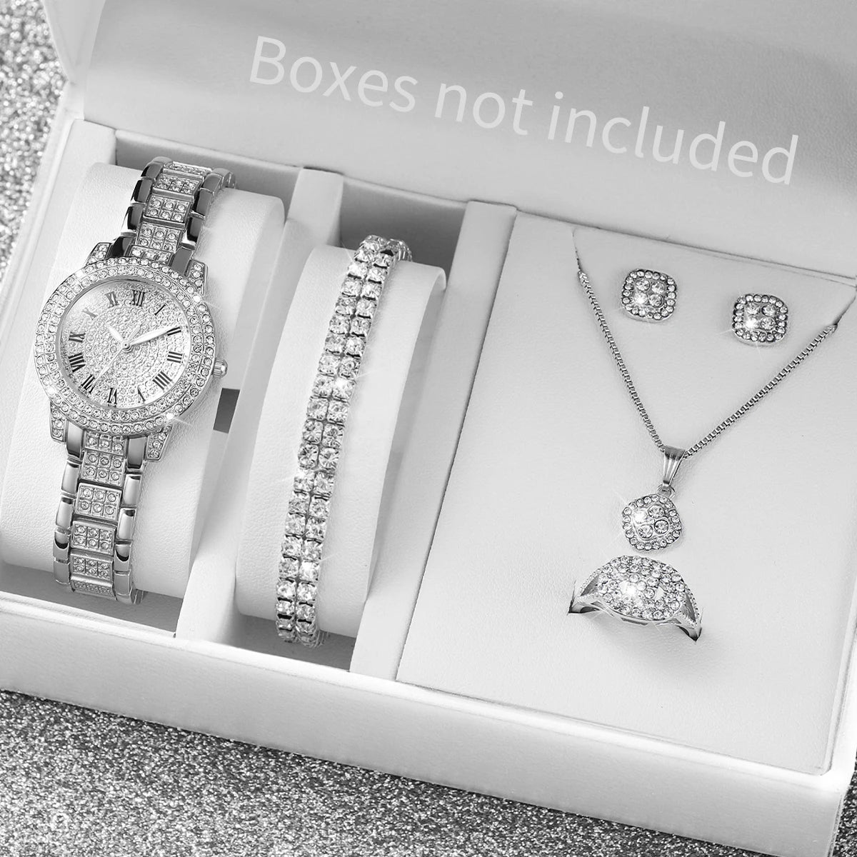 Full Diamond Watch Set For Women 6 Piece Gold Tone Steel Band Analog Quartz Jewelry Gift