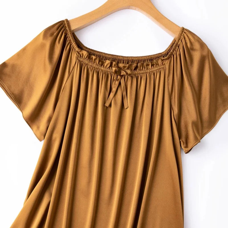 Birdtree, 21MM 92% Silk 8% Spandex Nightgown, O-neck Short Sleeve, Women Plain Satin Pajama Homewear Dresses, 2026 New D66104JF
