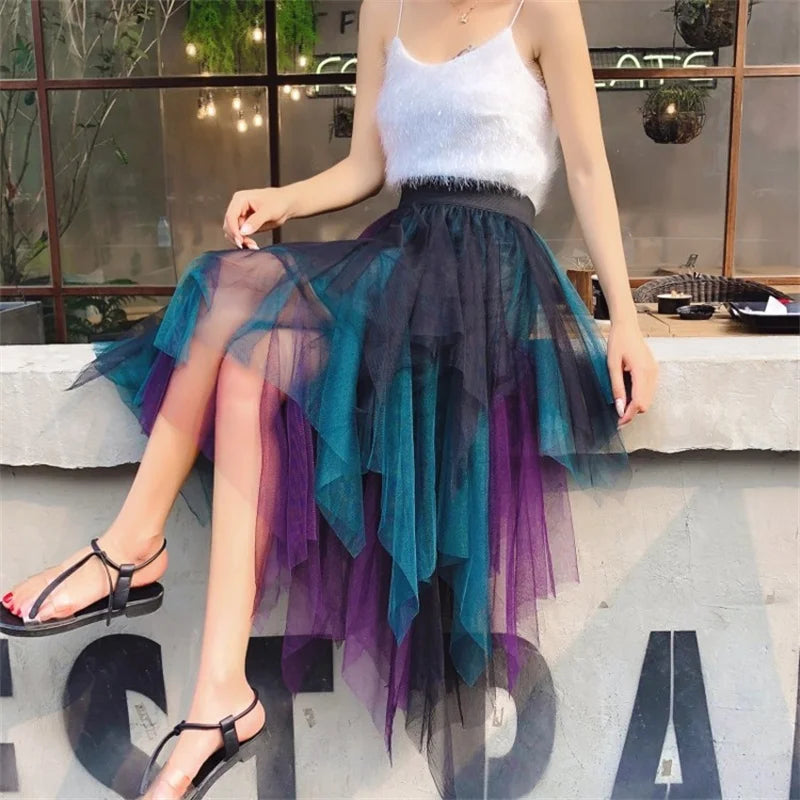 Summer Tutu Women Skirt Harajuku Casual Tulle Bottom Jupe Femme Faldas Fashion High Waist Midi Mesh Skirts Woman Clothing Saia