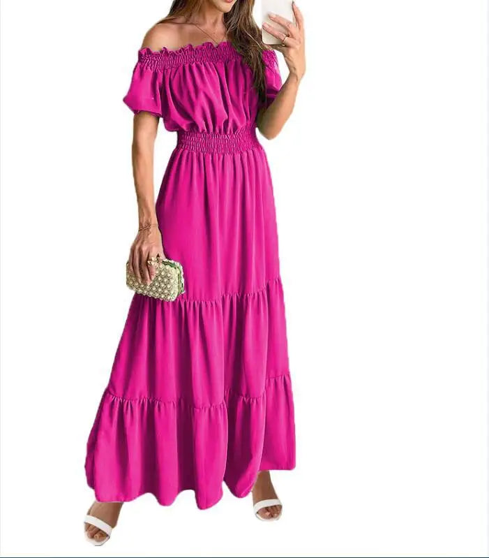 Summer Sexy Off Shoulder Slash Neck Ruffle Beach Party Dress Elegant Women Fashion Red Lace-up Pleated Holiday Long Dresses Robe