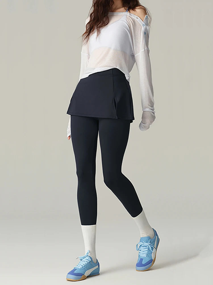 BIVIGAOS Fake Two-Piece Split Skirts Leggings Women Tennis Skirt Built-In Pockets Tight Sports Fitness Yoga Sharkskin Leggings