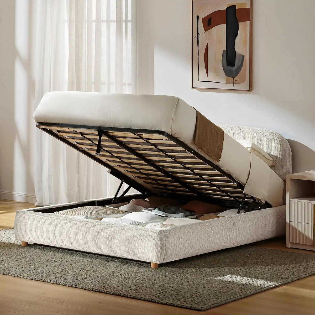 Queen Storage Bed Frame Adjustable Headboard Beige, Customized