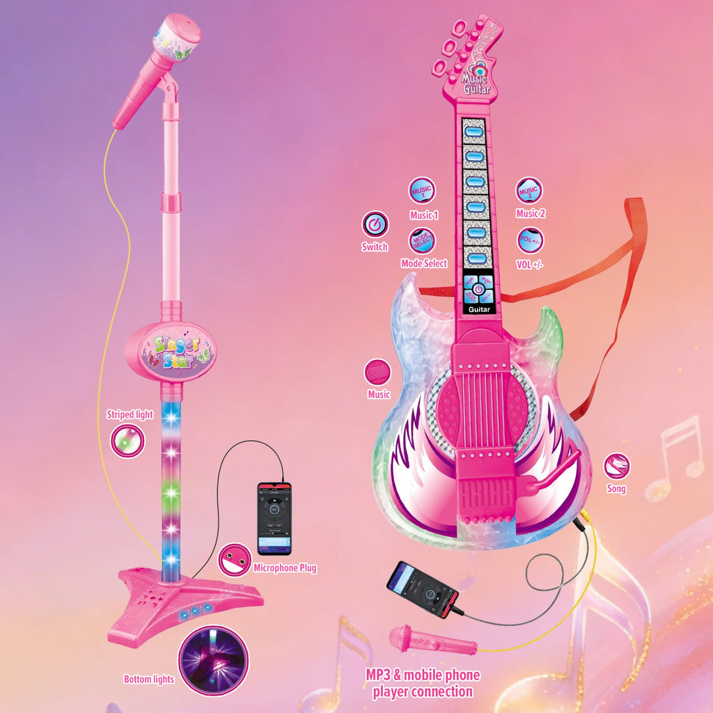Karaoke Electronic Machine Children's Electric Light Multi-functional Guitar Instrument Set with Microphone Toys for Boys Girls