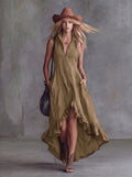 Women's Sleeveless Half Zip Maxi Dress Stand Collar High Low Ruffle Hem A-Line Long Dress with Pockets