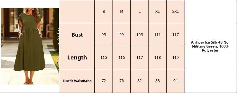Casual Long Ice Silk round Neck Short Sleeve Dress Pure Color A-Line Skirt Comfortable Elastic Waist Elegant Commute Style