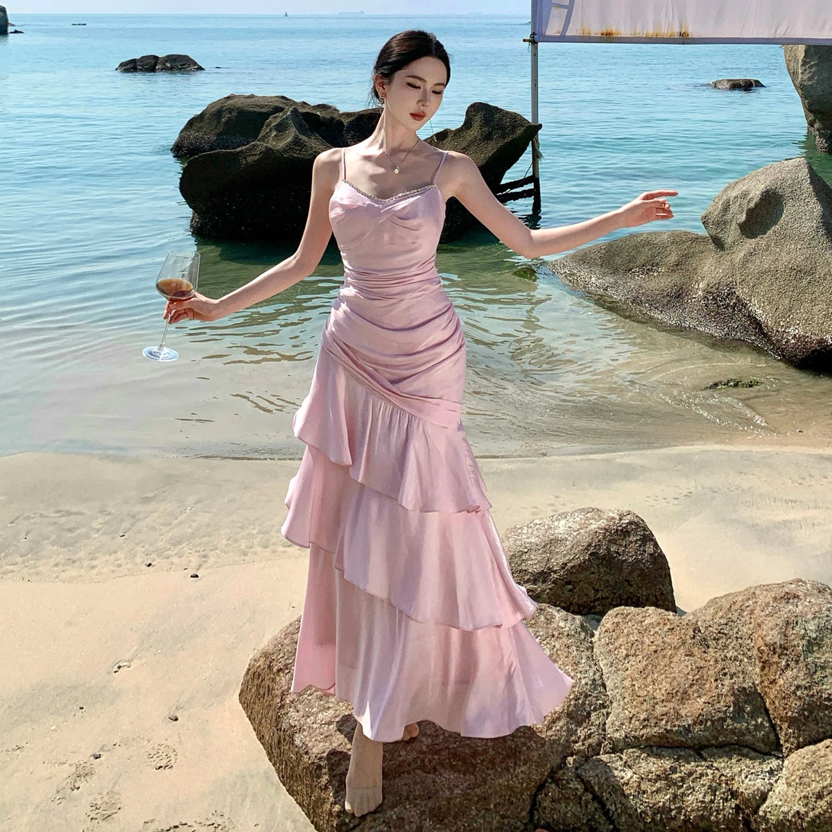 Elegant Women Spaghetti Strap Maxi Dress Rhinestone Trim Ruched Waist Ruffle Hem Pink Dress For Cocktail Party Wedding Guest