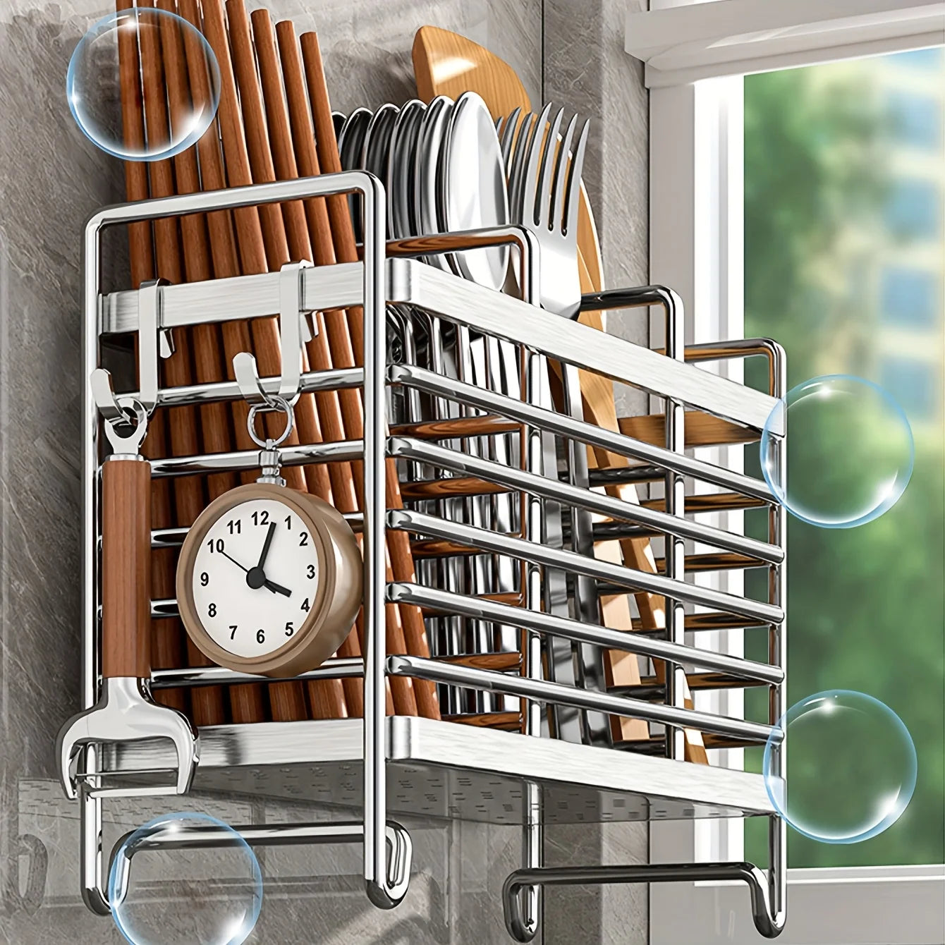 Porta Utensilios de Cocina Montado en Pared sin Taladrar. Organizador de Acero In Inoxidable que Ahorra Espacio para Cubiertos, Ideal para Espacios Pequeños.
