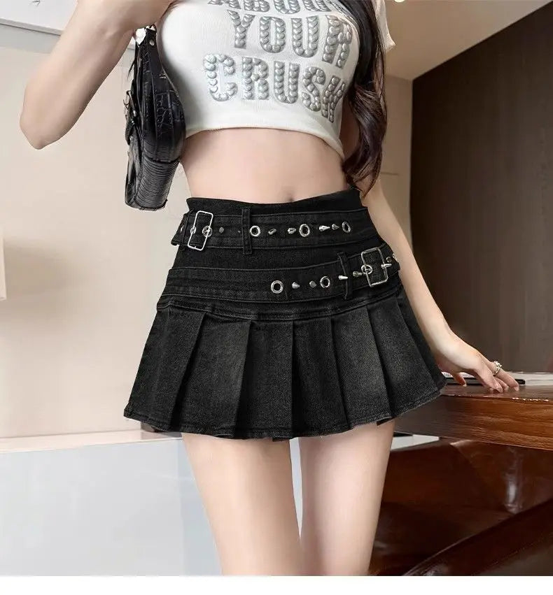 Summer Harajuku Denim Pleated Skirts Womens Y2k Aesthetic High Waist Belt Gothic Skirt Vintage A-Line Streetwear Grunge Faldas