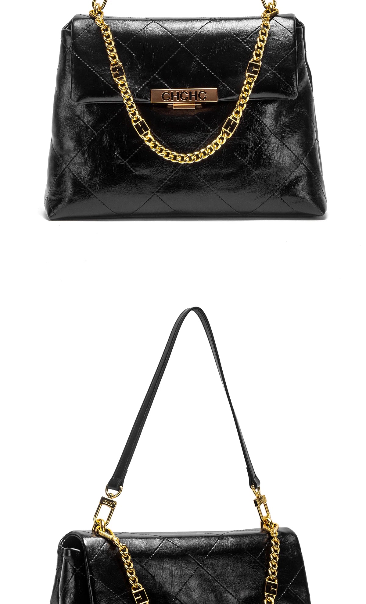 CHCH Women's Tote Bag - Black Faux Leather Diamond Grid Pattern