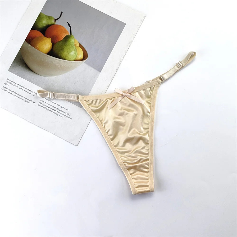 3PCS/Set Glossy Satin Pink Thong Adjustable Low Waist Women Smooth Silk G-string Sexy Plus Size Panty Set Underwear
