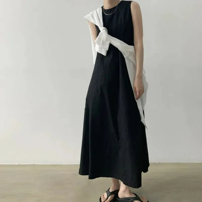 Korean Fashion Women Dress Casual Round Neck Loose Solid Color Casual Big Swing Sleeveless Long Linen Lazy Style Vestidos