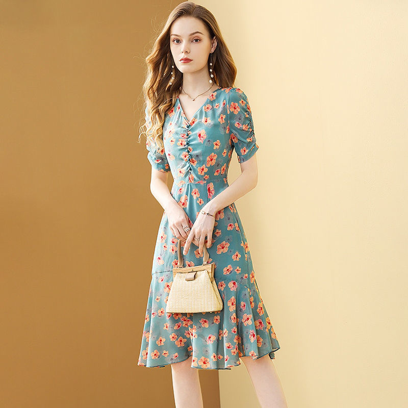 Women's Summer Floral Chiffon Lotus Leaf Dress 2021 New Fashion Print Temperament Belt Chic Female Dress Vestido Feminino Dress