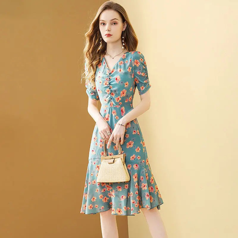 Women's Summer Floral Chiffon Lotus Leaf Dress 2021 New Fashion Print Temperament Belt Chic Female Dress Vestido Feminino Dress