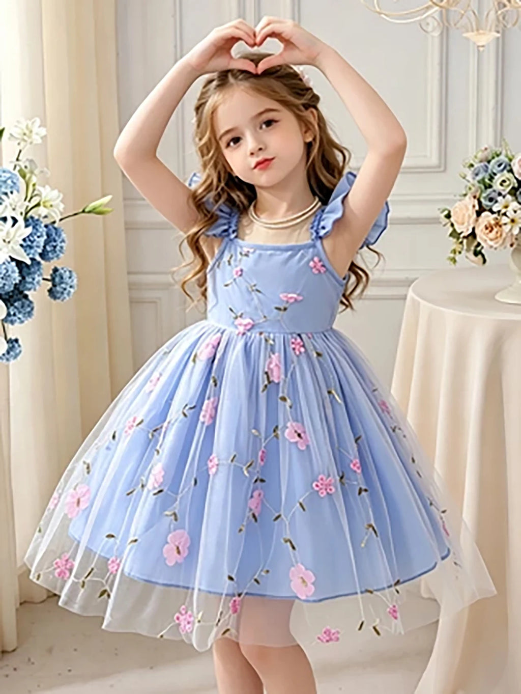 Girls' Blue & Pink Contrast Floral Tulle Princess Dress, Summer Flutter Sleeve Spaghetti Strap Puffy Skirt
