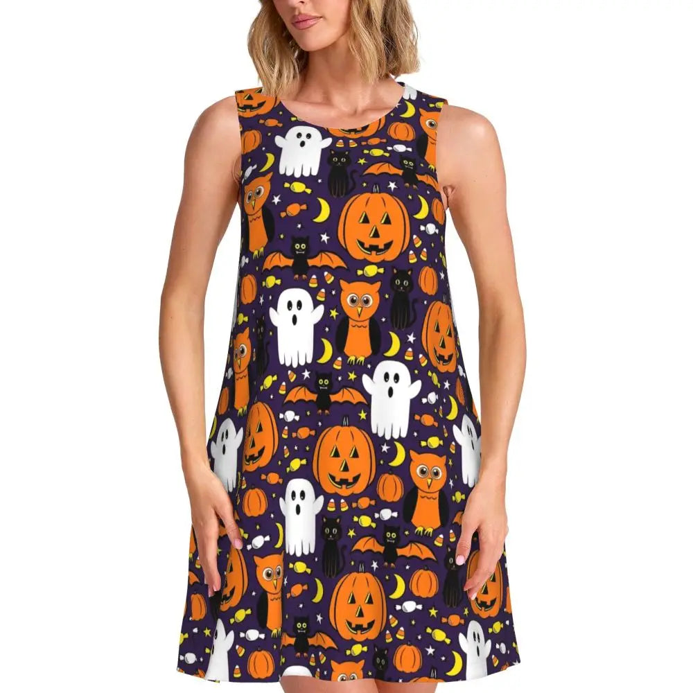 Happy Haunts Dress Halloween pumpkins Boho Dresses Female Sleeveless Basic Tank Dress Daily Graphic Oversize Clothing