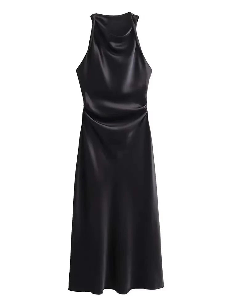 Satin Halter Midi Dress | Sleeveless Evening Party Dress
