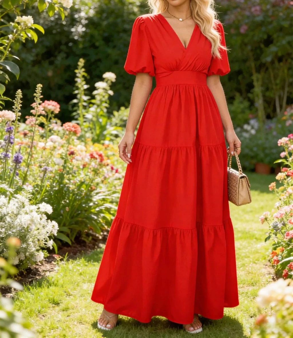 New Spring/Summer Fashion Casual Short Sleeve V-neck Solid Color Slim Fit Ankle Length Patchwork Fit And Flare Dress,2 Colors