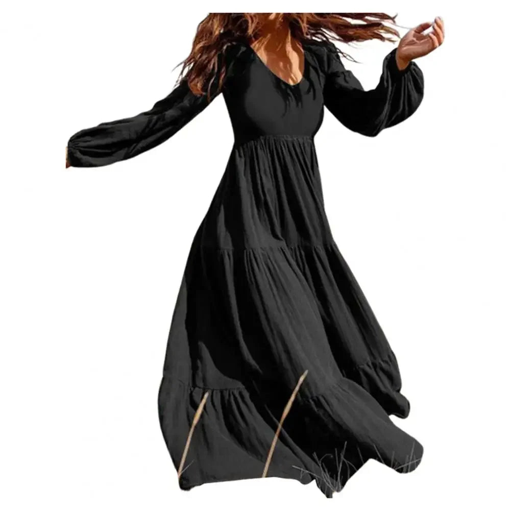 AOLSIN Women's V-Neck A-Line Maxi Dress - Solid Color Lantern Sleeve