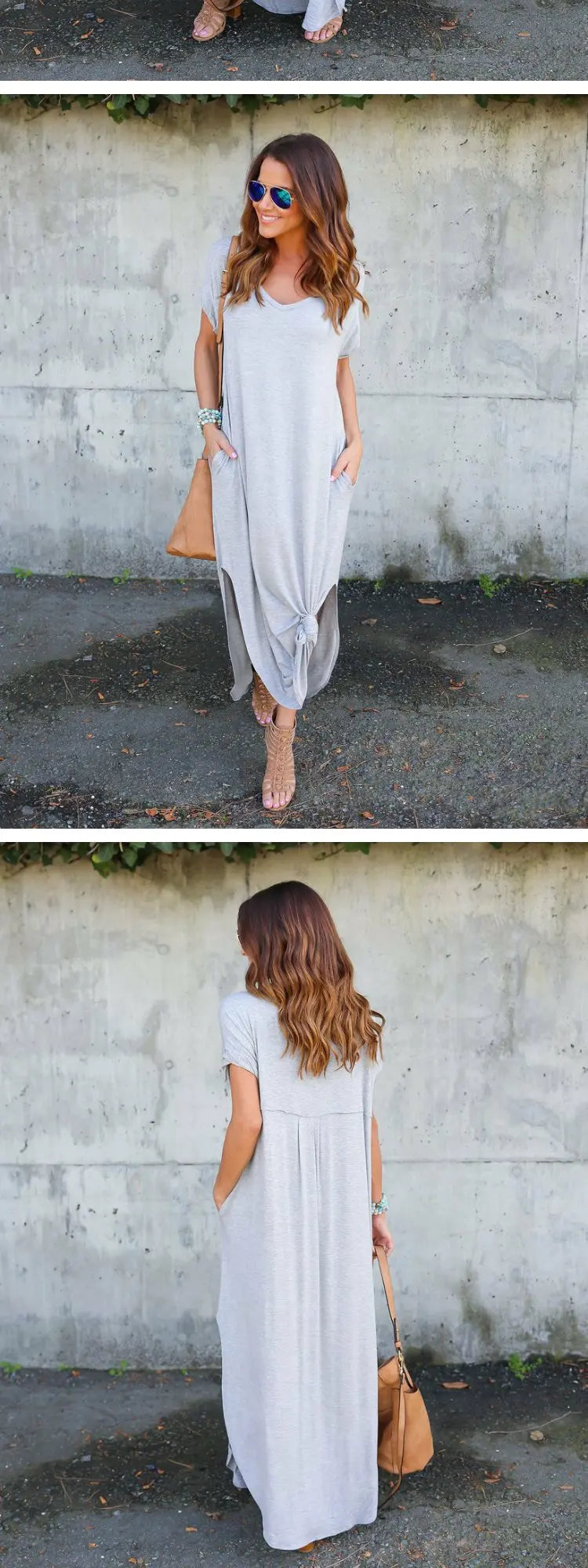 Pure Color Splice Short Sleeve V-Neck Slit Long Dress Loose Fit Women's Summer Cotton Polyester Maxi Dress Citywalk
