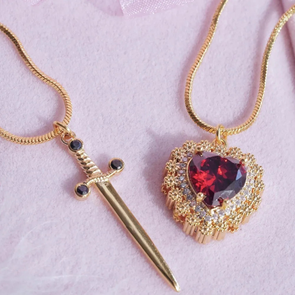 Snow White and The Huntsman Couple Heart and Sword Pendant Necklace for Women Romantic Wedding Valentine's Day Jewelry Gifts