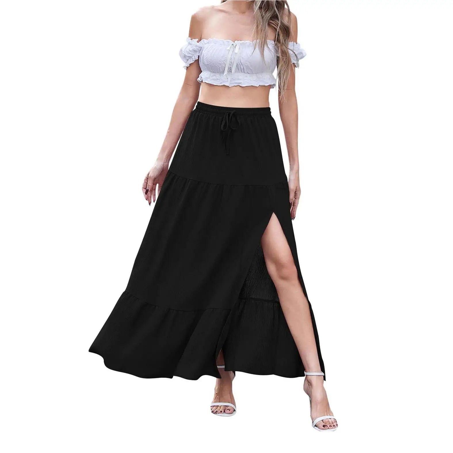 Bohemian Pure Color Side Slit  Skirt Women's Fashion Summer New Arrival Cross-Border mid Waist H-Shape PVC Fabric Skirt