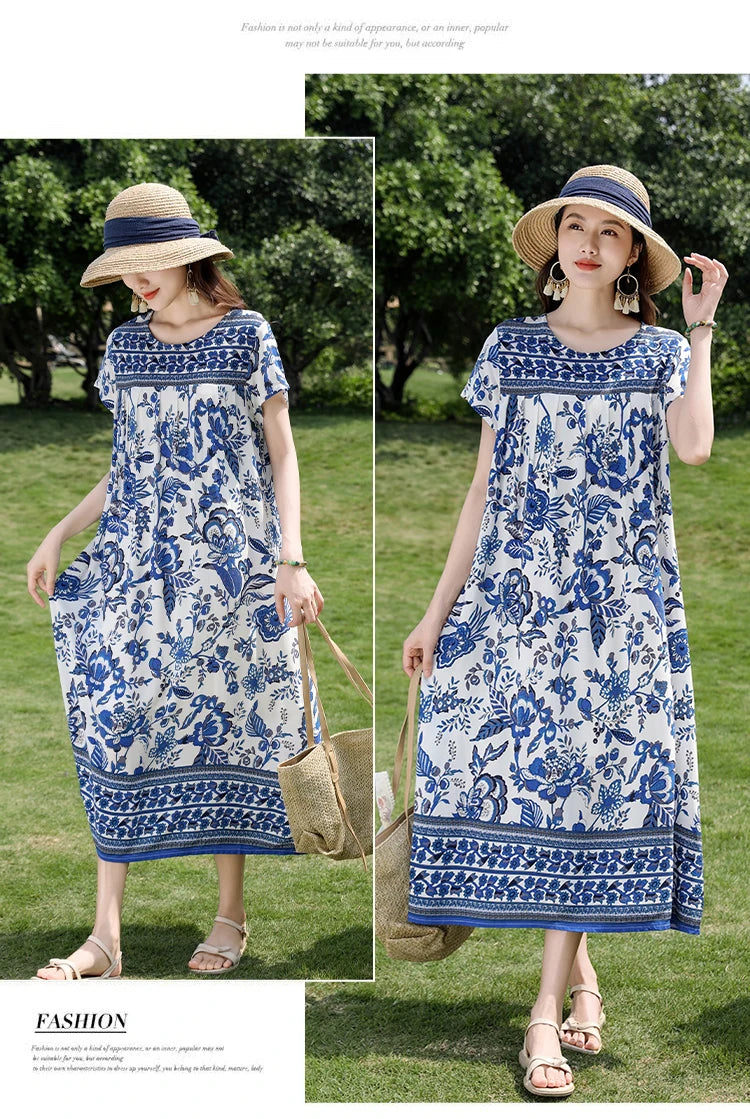 New Fashion Casual 2025 Summer Elegant Dresses For Women O-Neck Print Vintage Short Sleeve Dress Loose Women Clothing