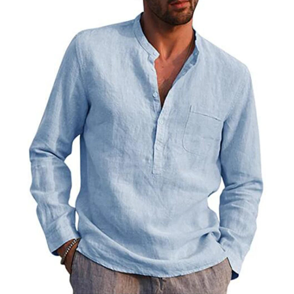 Cotton Linen  Men'S Long-Sleeved Shirts Summer Solid Color Stand-Up Collar Casual Beach Style Plus Size