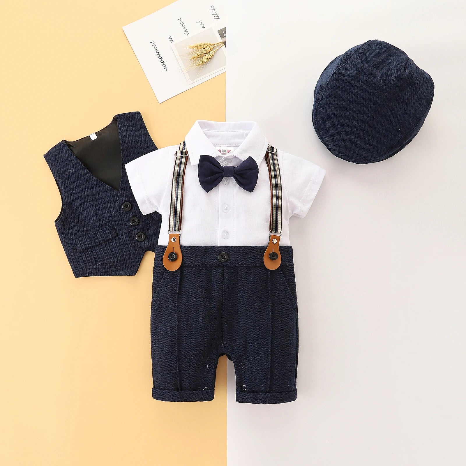 FOCUSNORM 0-24M 3 Colors Baby Boys Gentleman Clothes Sets 3pcs Short Sleeve Patchwork Bow Romper + Vest Coat+ Hat