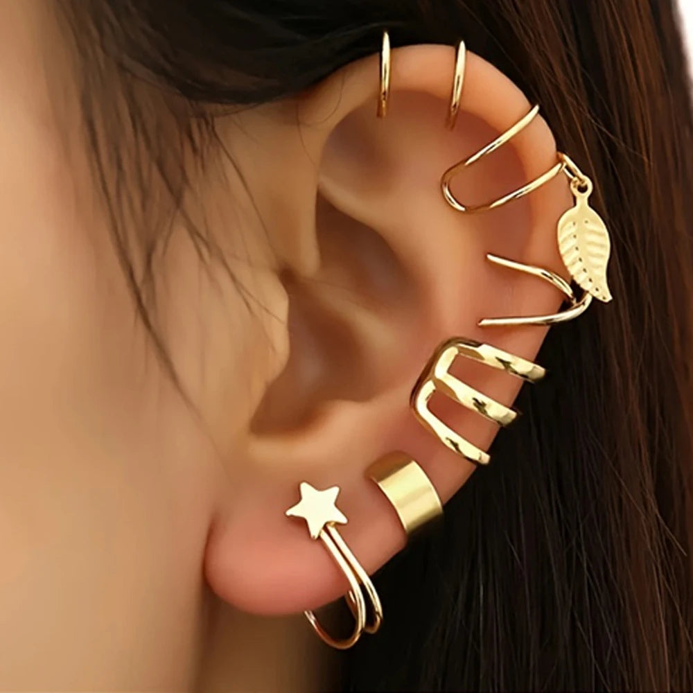 Elegant Clip On Ear Cuff Set For Women Silver No Piercing Leaf Circle Design 5 Pcs Gift Bundle