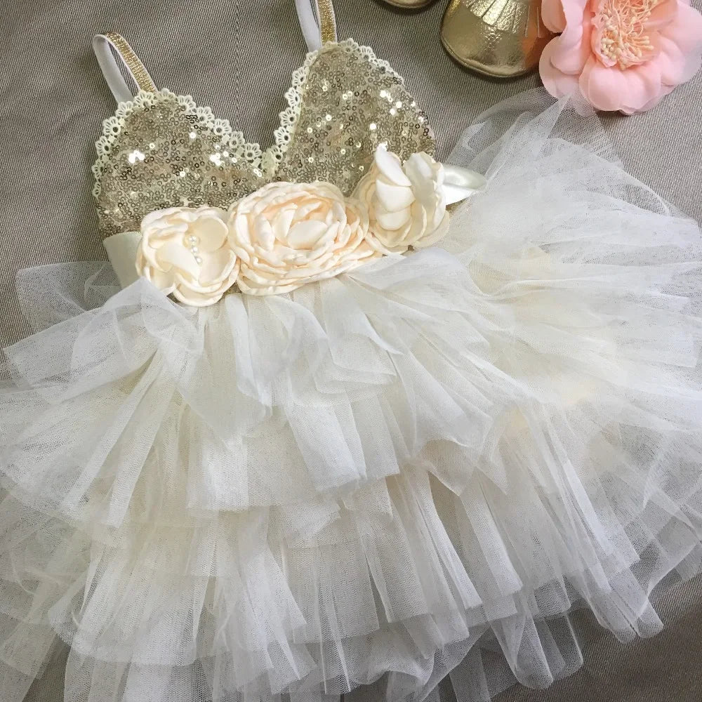 New Born Baby Girls Birthday Dress for Kids Xmas Toddle Party Gown Gold Sequined Layered Tutu Dress Children New Year Clothing
