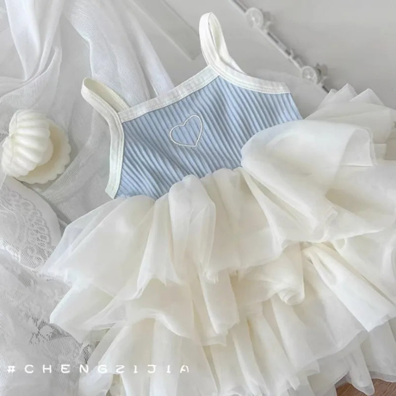 ZOETOPKID Summer Girl Princess Dress Stylish Baby Strap Vest Layered Dress Korean Puffy Mesh Skirt Toddler Kids Trendy Skirts