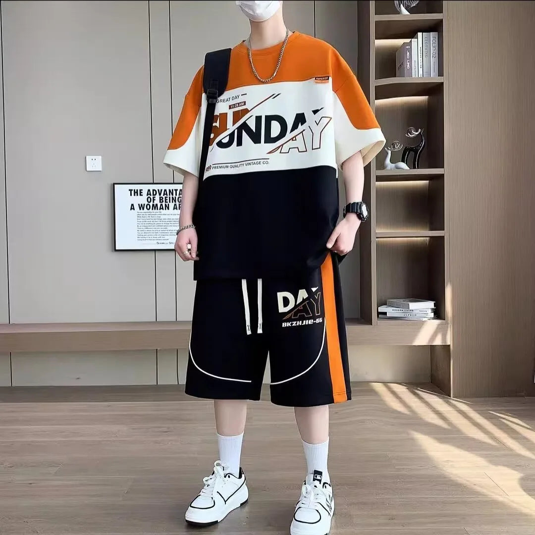Summer Men'S Large Suit S-6Xl New Trendy Two Piece Set Korean High Street Fashion T-Shirt Shorts Tracksuits Designer Clothes Men