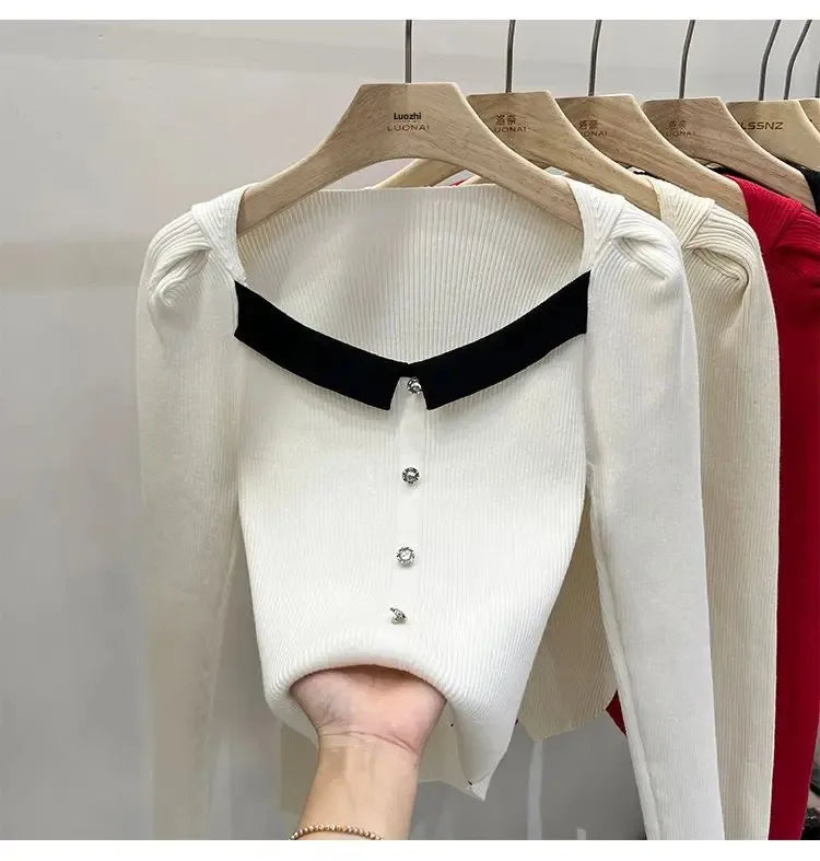 Women's Knitted Short Sweater Square Collar Base Shirt Color Collision Design Sensation Autumn Winter Special Edition Top