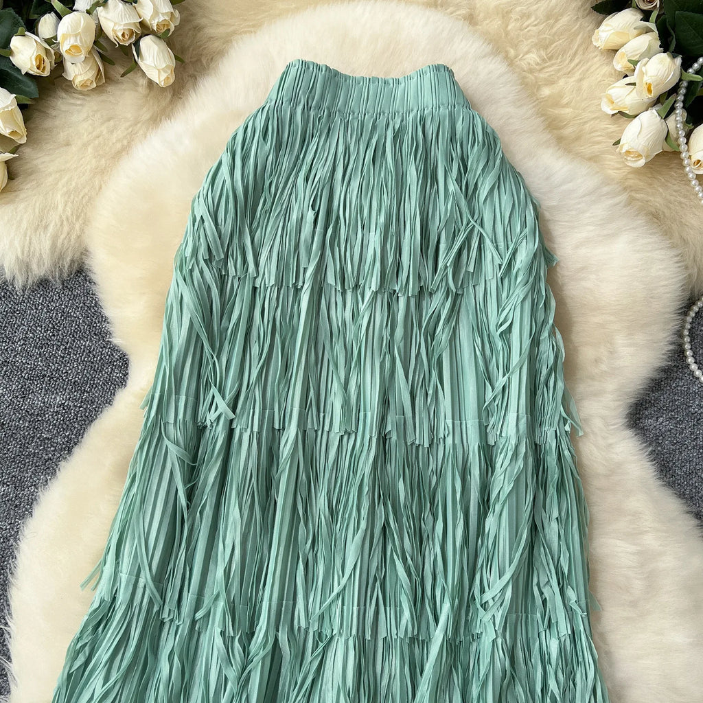 New In 2026 Spring Summer Tassel Midi Long Skirt For Women Trendy High Waist Streetwear Casual Skirts