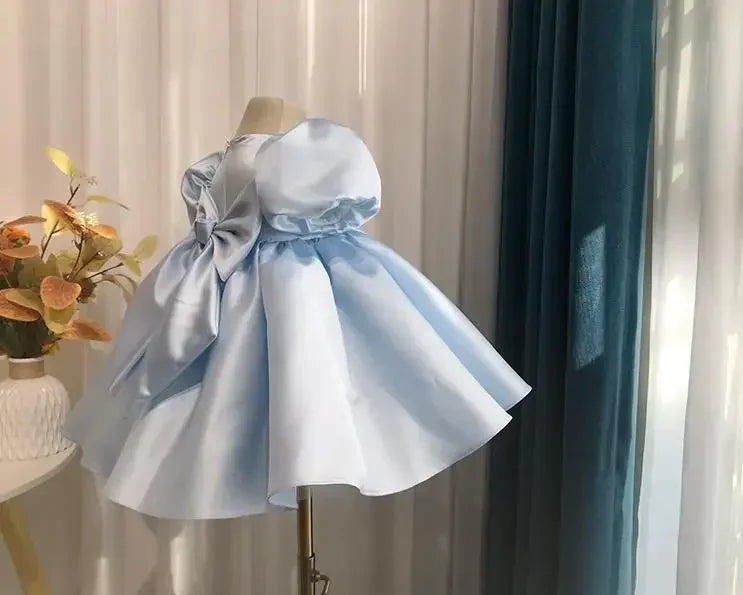 2026 Baby Girls Party Dress Blue Children Clothes Elegant Baptism Sleeves Plain Ball First Birthday Beading Puff Gowns