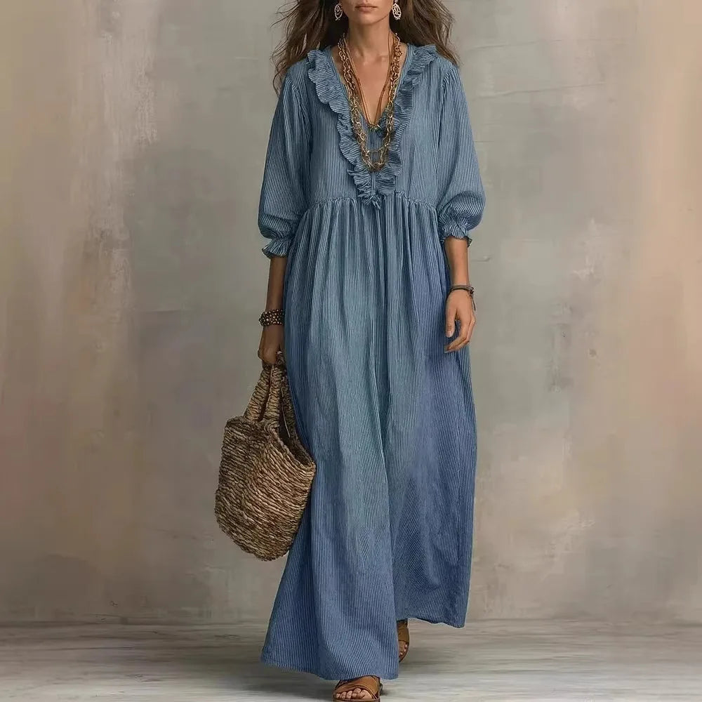 2026 New European and American Independent Website Striped Ruffled Loose High-Waisted V-Neck Fashion Casual Dress